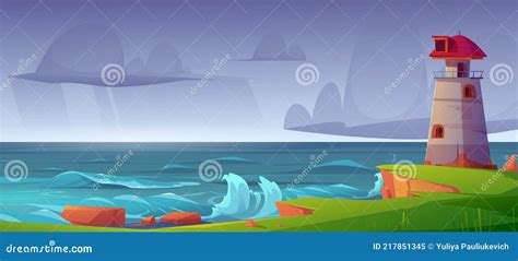 Lighthouse on Sea Shore at Storm, Beacon Building Stock Vector