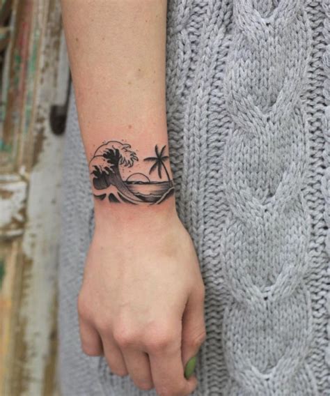 Beautiful sunset, palm tree, ocean theme. 48 Awesome Ocean Tattoo Idea For Anyone Who Loves The Azure Water Bodies