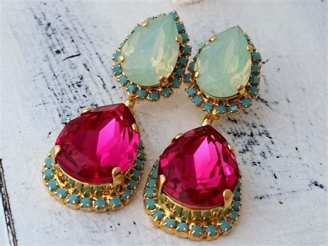 Hot Pink Fuchsia Mint Opal And Turquoise Crystal Chandelier Earrings