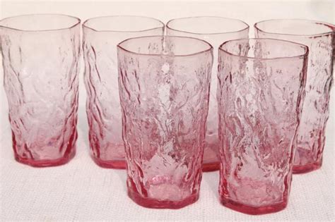 Rose Pink Crinkle Glass Tumblers Mod Vintage Seneca Driftwood Drinking Glasses Set Of 6