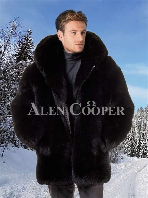 Mens Over Sized Soft And Voluminous Real Fox Fur Winter Coat In Black