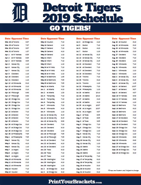 Printable Tigers Schedule