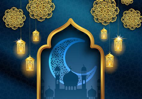 Ramadan Kareem Or Eid Mubarak Islamic Greeting Card Design With Gold