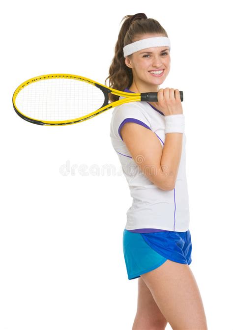 Portrait Of Smiling Tennis Player With Racket Stock Image Image Of