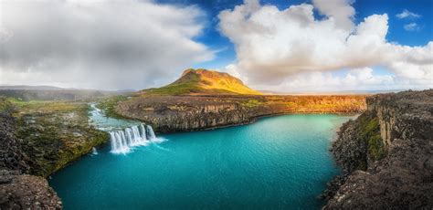 Waterfall Summer Iceland River Clouds Cliff Panoramas Water Hill Nature Landscape