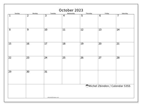 October 2023 Printable Calendar 53ss Michel Zbinden Uk