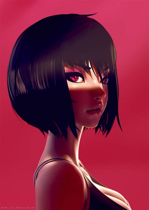 Wallpaper Anime Girls Face Dark Hair Simple Background Red Background Artstation