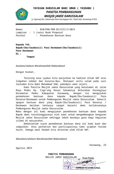 DOC Contoh Surat Permohonan Bantuan Dana Pembangunan Masjid DOKUMEN