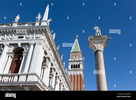 Looking Up National Library Building Campanile Belltower And St Theodore S Column In St Mark