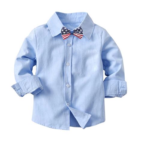 Blue Kids Boys Spring Autumn Long Sleeve Button Up Bowtie Cotton Shirt
