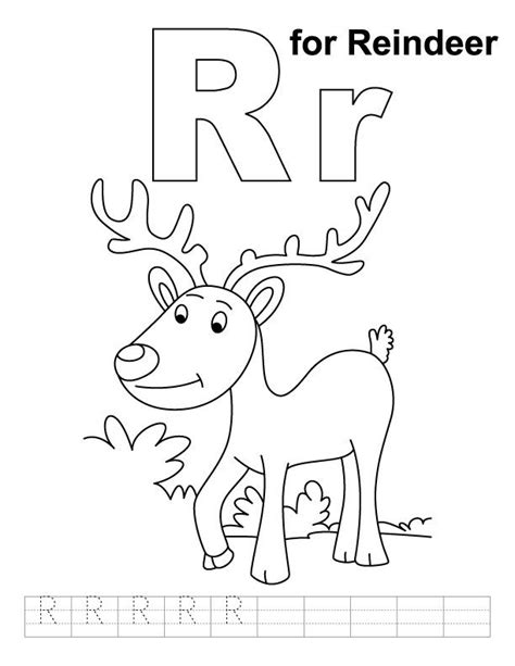 This coloring page shows a large letter r with colorable pictures of a rake, ring, robot, rat, rug, rabbit and rose inside it. R for reindeer coloring page with handwriting practice ...