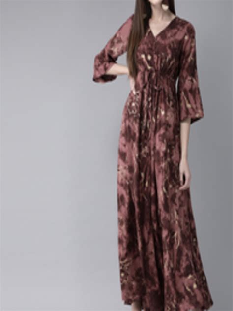 Buy Aks Women Mauve And Golden Printed Maxi Dress Ethnic Dresses For