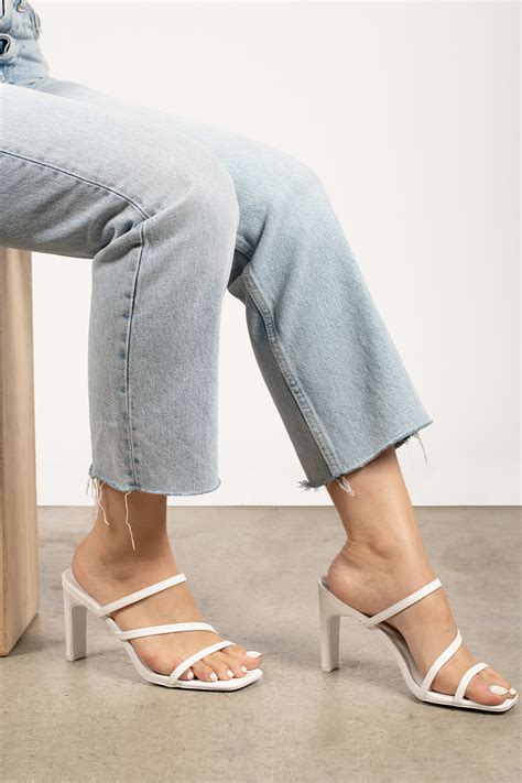 #tag yourself #summer tags #summer things #strappy sandals #sundress #pink lemonade #ice cream cone #roadtrip #flipflops #shorts #iced tea #popsicle #camping #tag game #tag meme. Mina Strappy Mule Sandal Heels in White - $37 | Tobi US