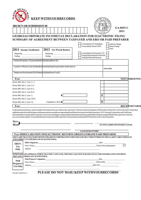 Form Ga 8453 C Georgia Corporate Tax Declaration For