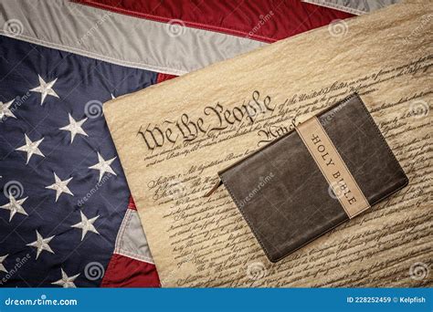 Holy Bible On Constitution And American Flag Stock Image Image Of