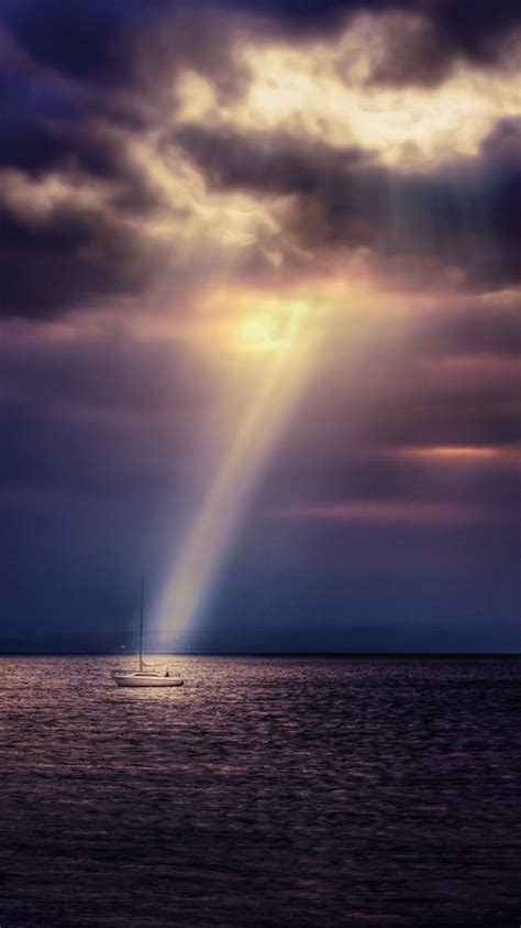 Sea Boat Sun Rays Clouds Dusk 750x1334 Iphone 8766s Wallpaper