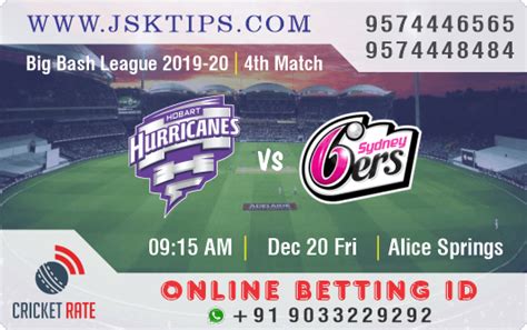 Detailed scorecard of hobart hurricanes vs sydney sixers match along with match summary, toss, playing 11s, results, player of the match and more on mykhel.com. Hobart Hurricanes vs Sydney Sixers, 4th Match Prediction ...