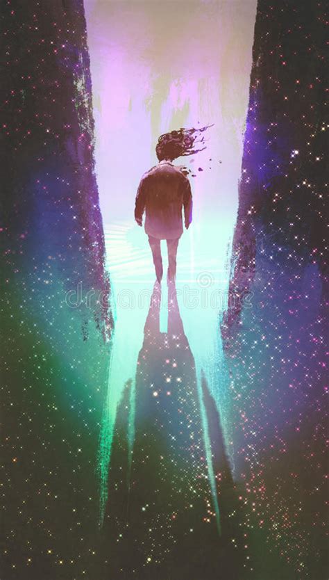 Man Walking Out From A Dark Space Into Light Stock Illustration