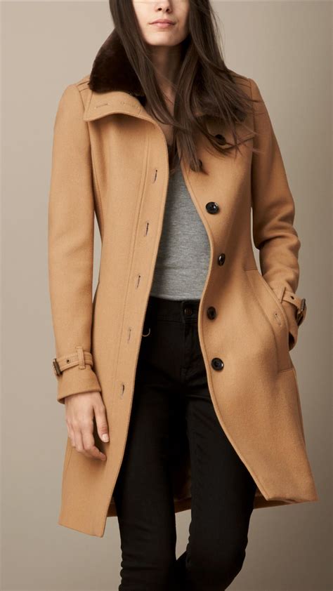 wool blend twill coat with shearling topcollar burberry twill coat coats jackets women fashion