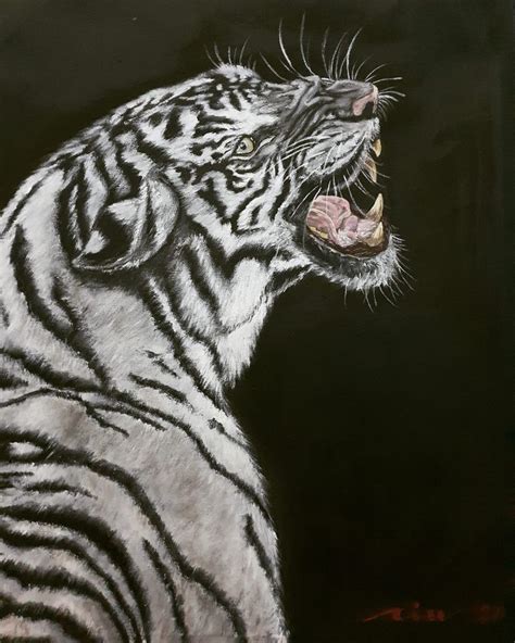 A Painting Of A White Tiger With It S Mouth Open