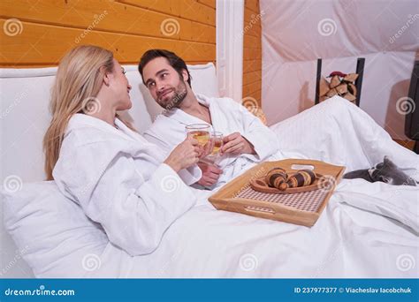 Loving Couple Looking At Each Other In Bed With Tea Stock Image Image