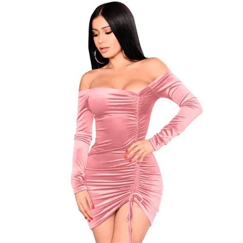Lift Up Drawstring Ruched Women Velvet Dresses Sexy Off Shoulder Long Sleeve Wrap Party Dress