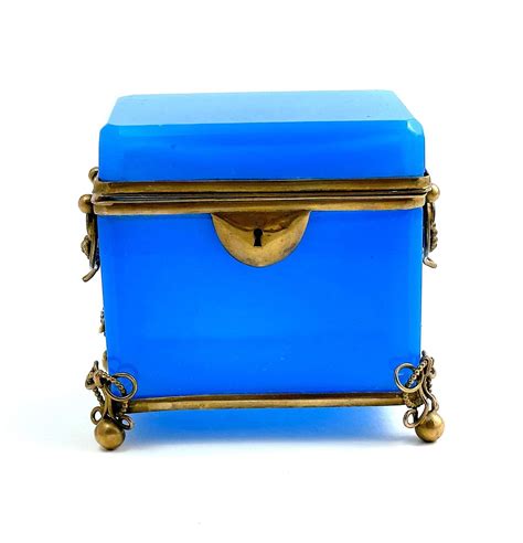 Antique French Blue Opaline Glass Casket Box With Dore Bronze Mounts