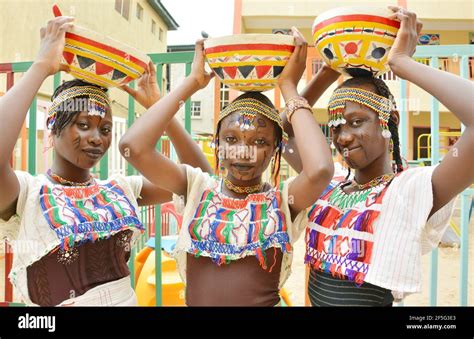 Nigerian Girls Showcasing Hausa Fulani Traditional Costume On Their Cultural Day Lagos Nigeria