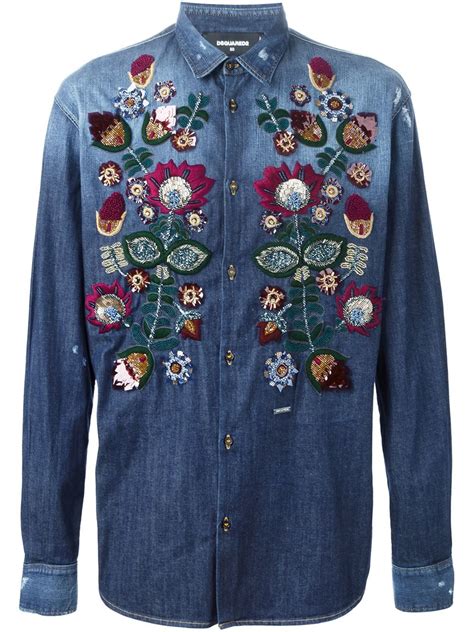 Lyst Dsquared² Flower Embroidered Denim Shirt In Blue For Men
