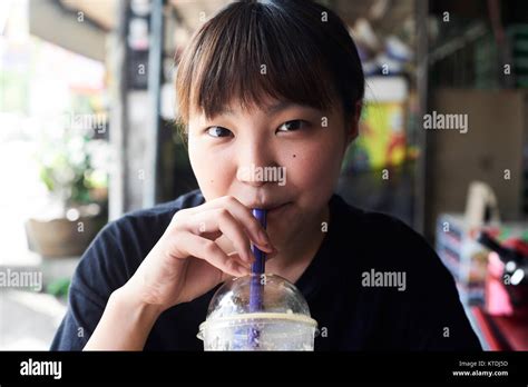 Asian Pretty Girl Drinking Smoothie Street Looking Camera Chiang Mai Hi