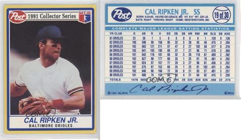 1991 Post Cereal Base 19 Cal Ripken Jr Baltimore Orioles Jr Baseball