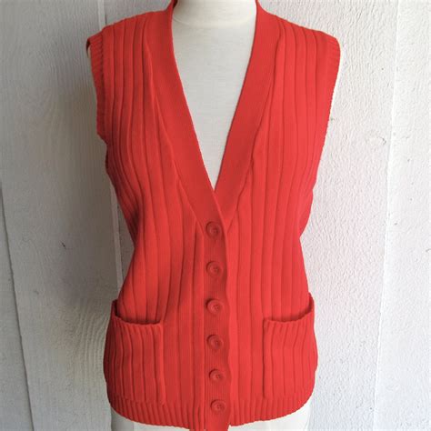 Red Vintage Button Up Sweater Vest Long Knit Womens