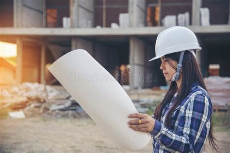Woman Construction Engineer Hold Blueprint Wear Plaid Shirt Safety