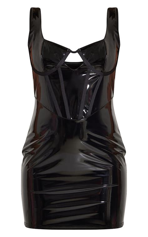 Black Vinyl Binding Cup Detail Bodycon Dress Prettylittlething Ire