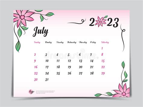 Calendar 2023 Template On Pink Flowers Background July 2023 Template