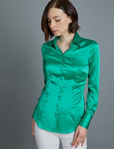 women s green fitted satin shirt single cuff hawes and curtis