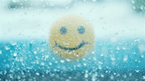 Close Up Winter Window View Cheerful Smiley Pattern On Wet Snow