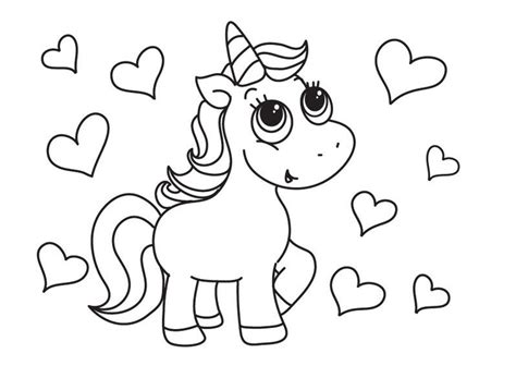 Kawaii unicorn with rainbow and hearts coloring pages. Unicorn Coloring Pages