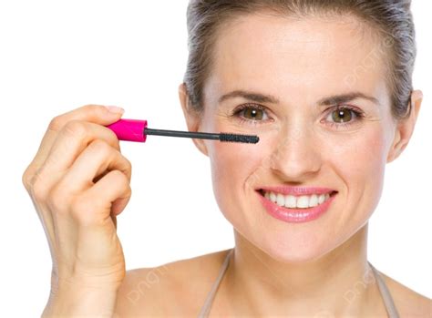 Beauty Portrait Of Happy Young Woman Applying Mascara Photo Background