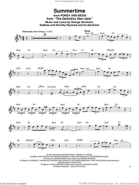 Stan Getz Summertime Sheet Music For Tenor Saxophone Solo Transcription