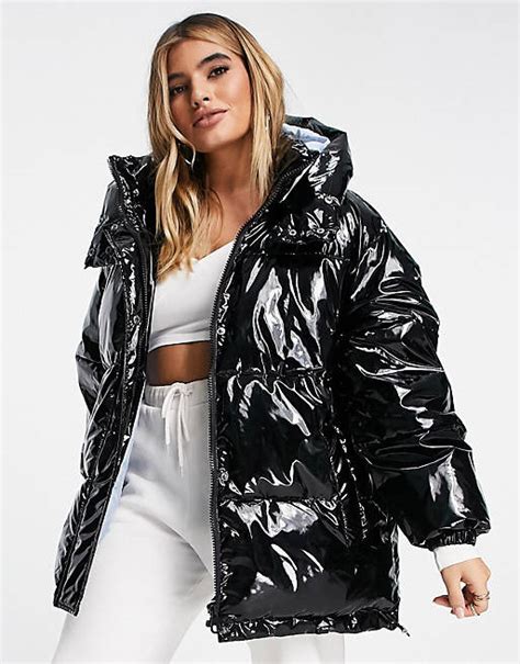 Asos Design Oversized High Shine Puffer Jacket With Hood In Black