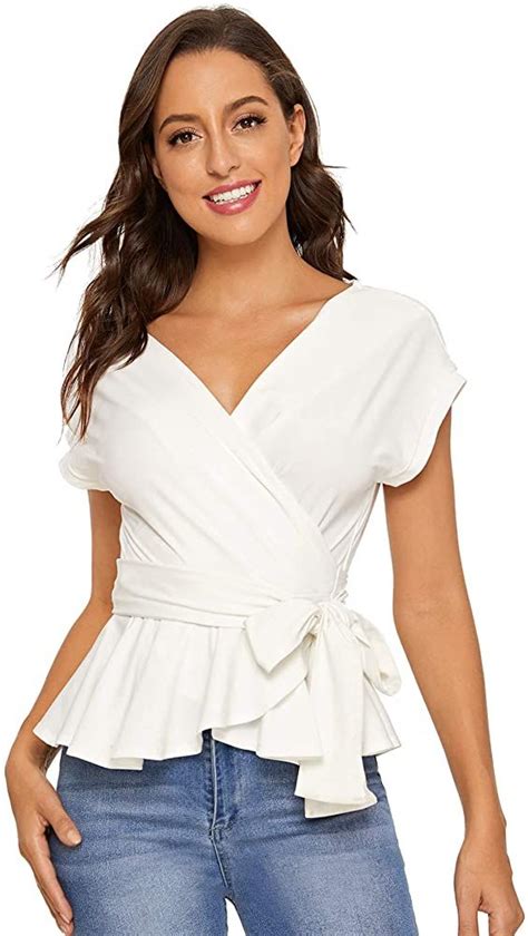 shein women s short sleeve v neck ruffle blouse puff sleeve tie waist wrap tops white small at