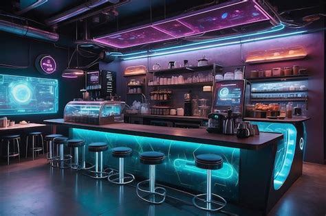 Premium Photo Futuristic Cyberpunk Coffee Shop