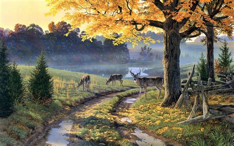 Nature Painting Path Animals Trees Deer Wallpapers Hd