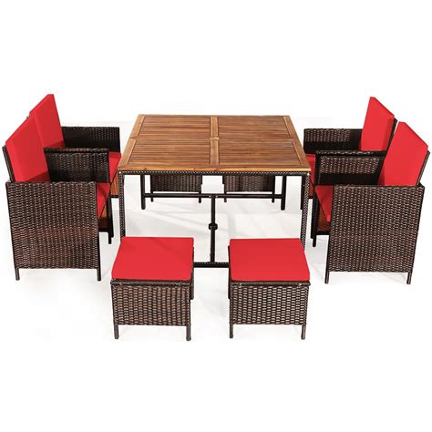 Costway 9pcs Patio Rattan Dining Set Cushioned Chairs Ottoman Wood
