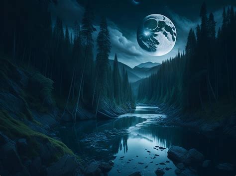 Premium Ai Image Night Landscape Dark Forest River