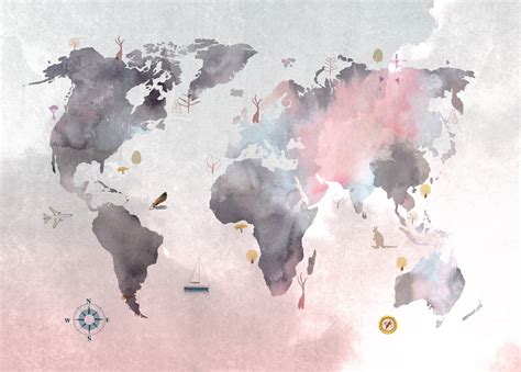 Pastel Color Map Wallpaper Watercolor World Map Design Wall Etsy