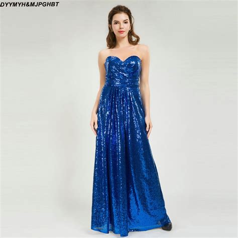 Royal Blue Sequin Strapless Bridesmaid Dresses Sweetheart With Pleat Backless Maid Of Honor