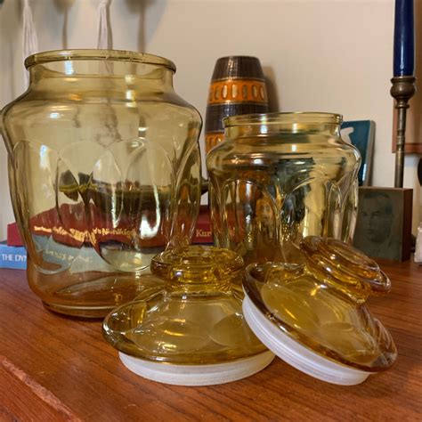 Two Vintage Amber Glass Jars With Lids For Decor Or Storage Etsy