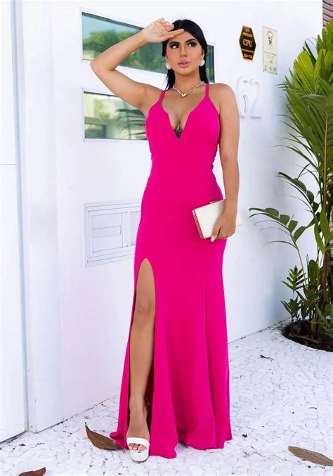 Vestido De Festa Longo Decote V Pink Victorias Fashion Store Loja